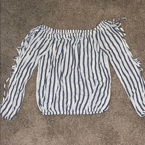 Navy stripes on cream colored off shoulder top!